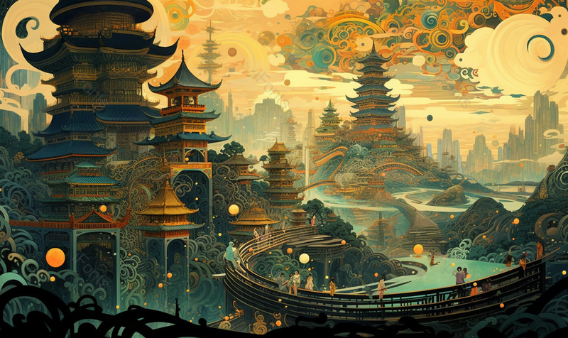 网红城市地标建筑插画古都金色背景,插画/手绘图,插画/手绘图库,插画/手绘图下载,插画/手绘